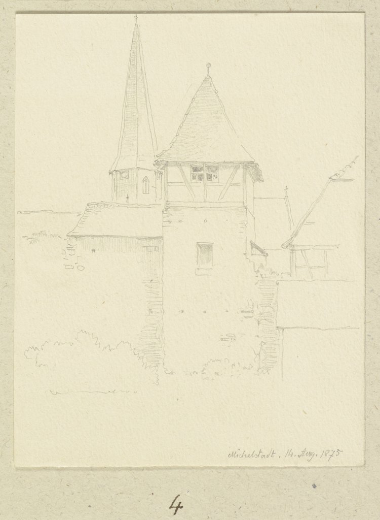 Stadtmauerturm in Michelstadt, im Hintergrund der Turm der Stadtkirche, Carl Theodor Reiffenstein