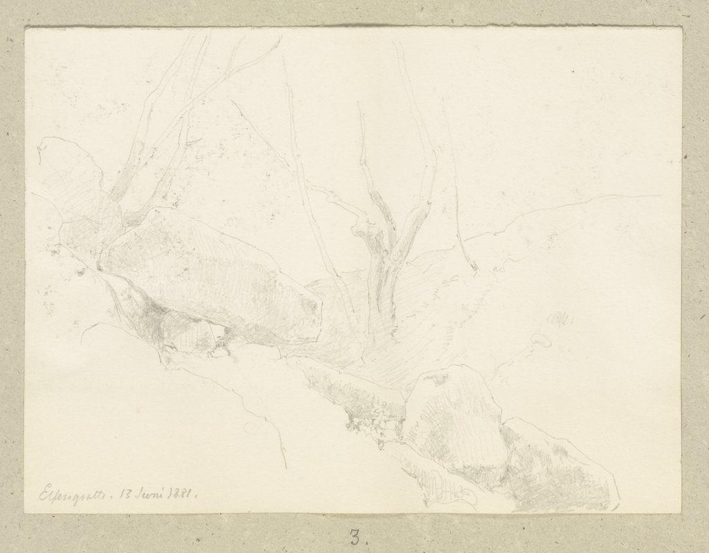 Zwischen Bäumen in einer Senke umherliegende Felsbrocken, Carl Theodor Reiffenstein