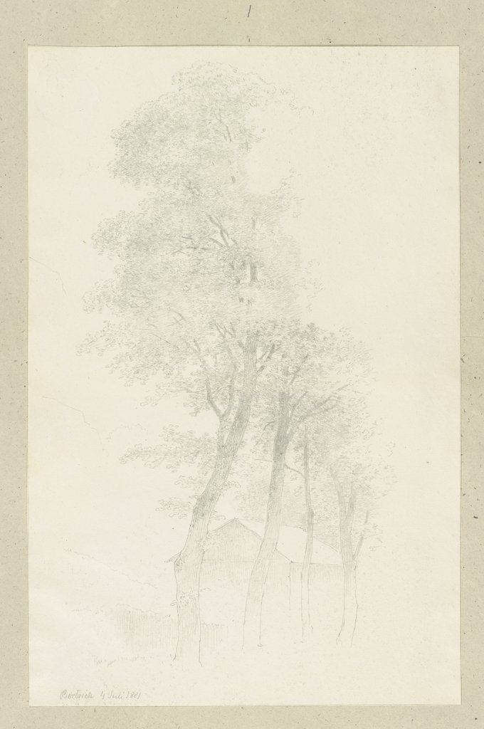 Ein Schuppen hinter einer Baumreihe bei Bertrich, Carl Theodor Reiffenstein