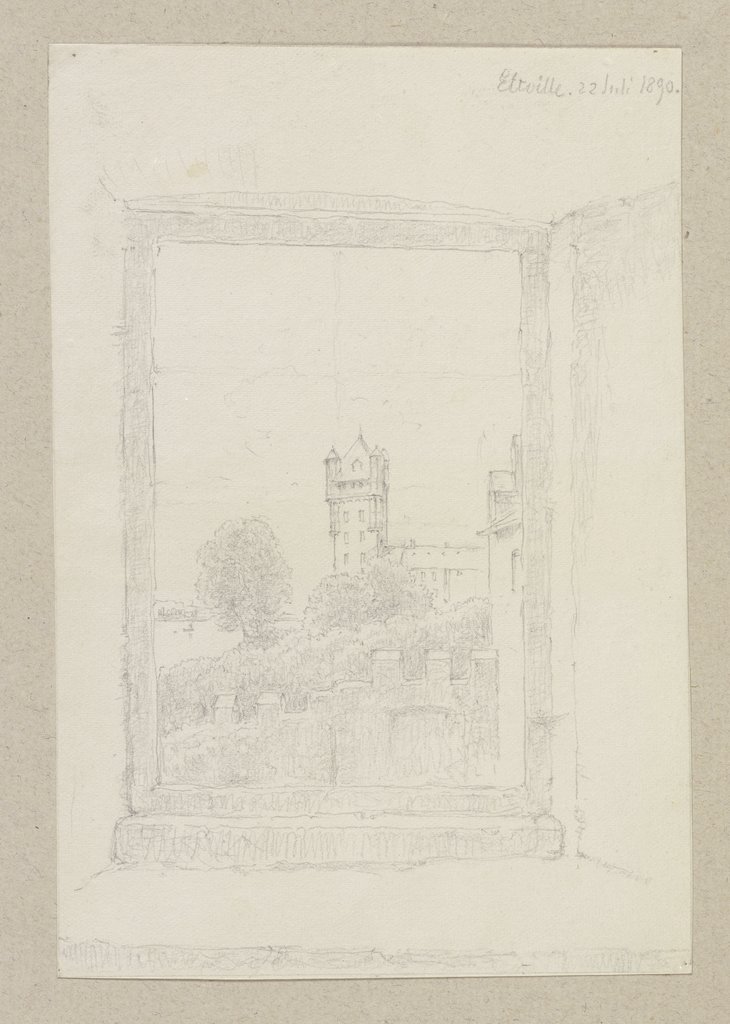 Blick durch ein Fenster auf die Kurfürstliche Burg von Eltville, Carl Theodor Reiffenstein