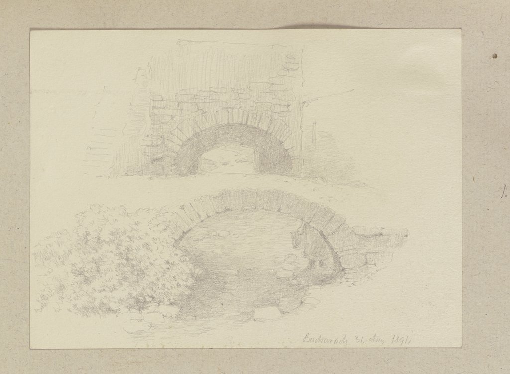 Steinbrücke über einen trockengefallenes Flussbett in Bacharach, Carl Theodor Reiffenstein