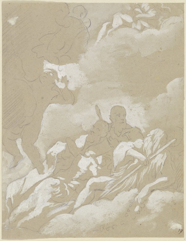 Drei Heilige auf Wolken, darunter ein lagernder bärtiger Anachoret mit einem Rosenkranz, Italienisch, 18. Jahrhundert
