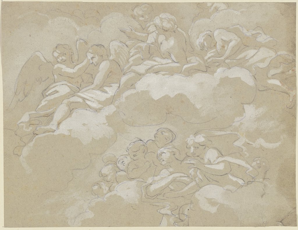 Lagernde Figurengruppe mit Putten auf Wolken, Italian, 18th century
