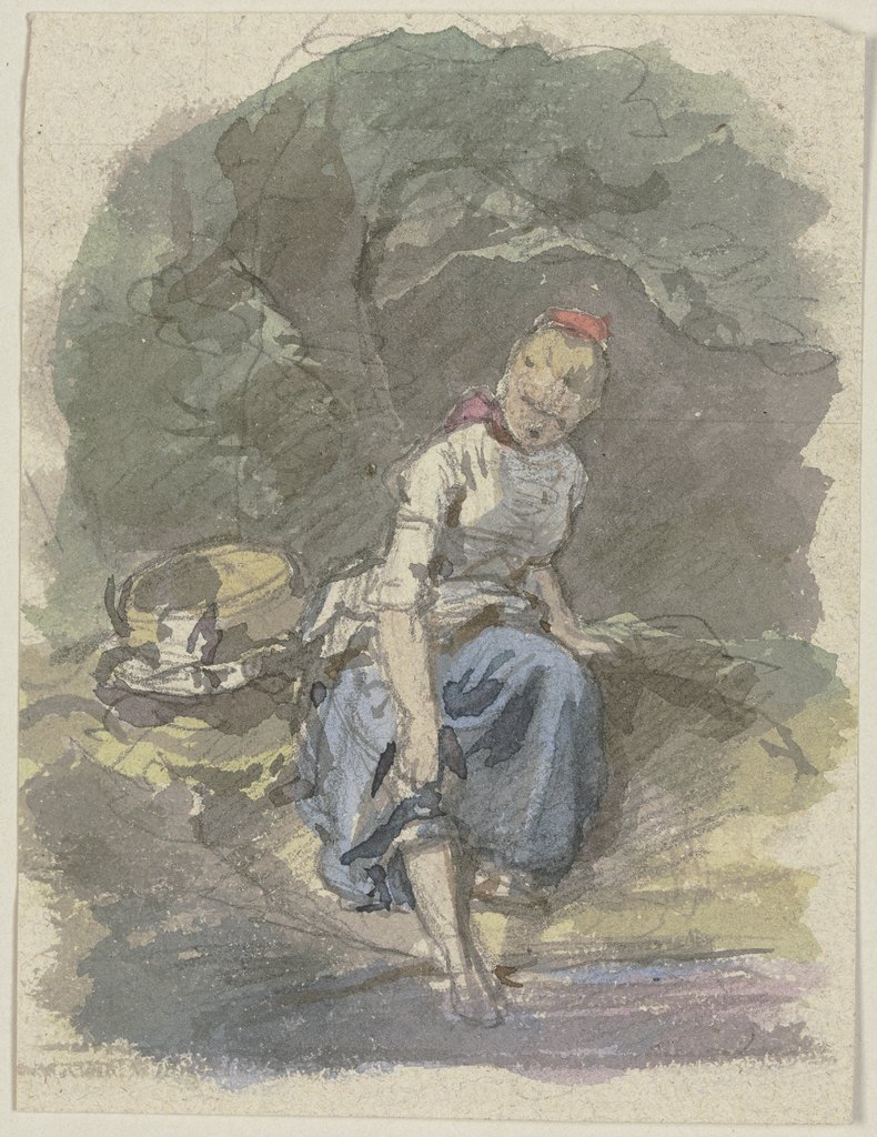 Bauernmädchen im Wald sitzend, Jakob Becker;   zugeschrieben