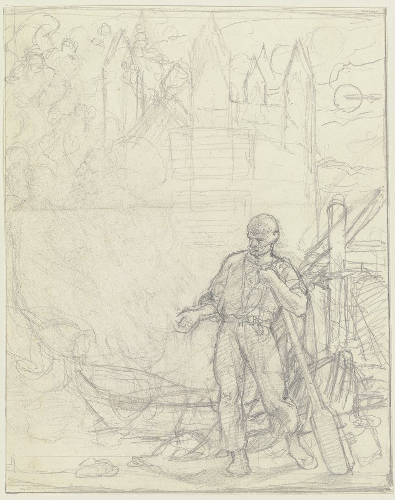 Ein Mann an einem zu Wasser gelassenen Boot, das Ruder in der Hand haltend, im Hintergrund der Wormser oder Speyerer Dom (?), Jakob Becker