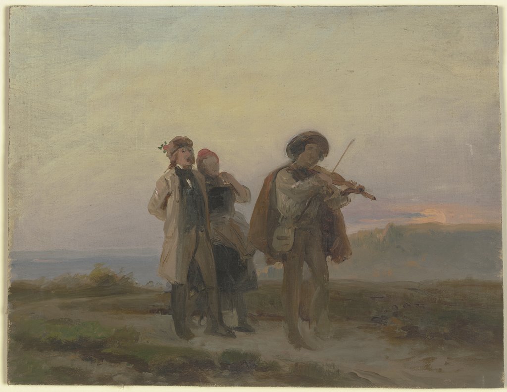 Abendlicher Spaziergang, Geiger und Bauernpaar auf den Feldern, Jakob Becker
