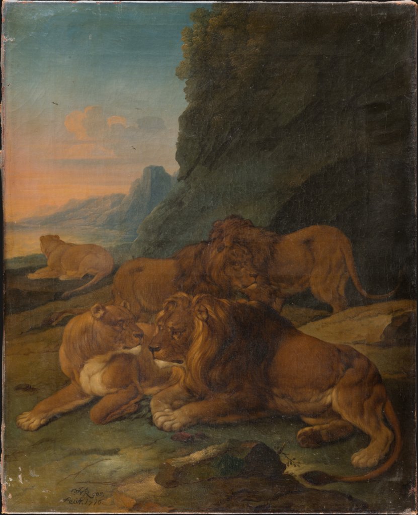 Löwenrudel in felsiger Landschaft, Johann Melchior Roos