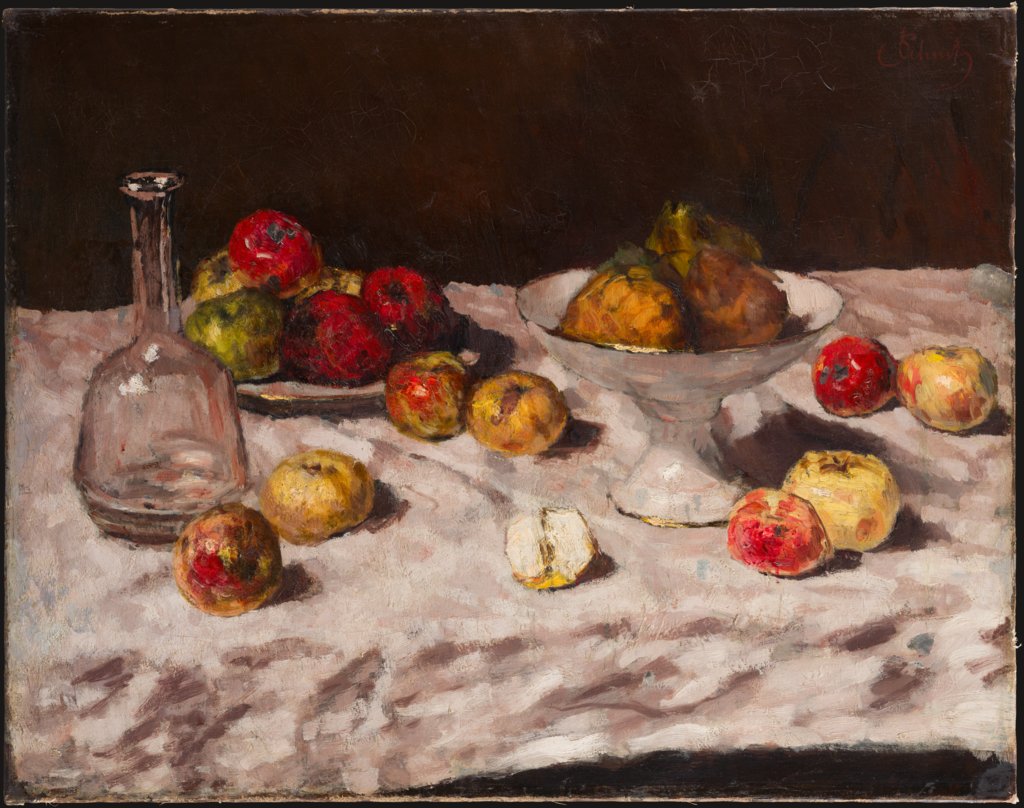 Äpfel auf Weiß, mit halbem Apfel, Carl Schuch