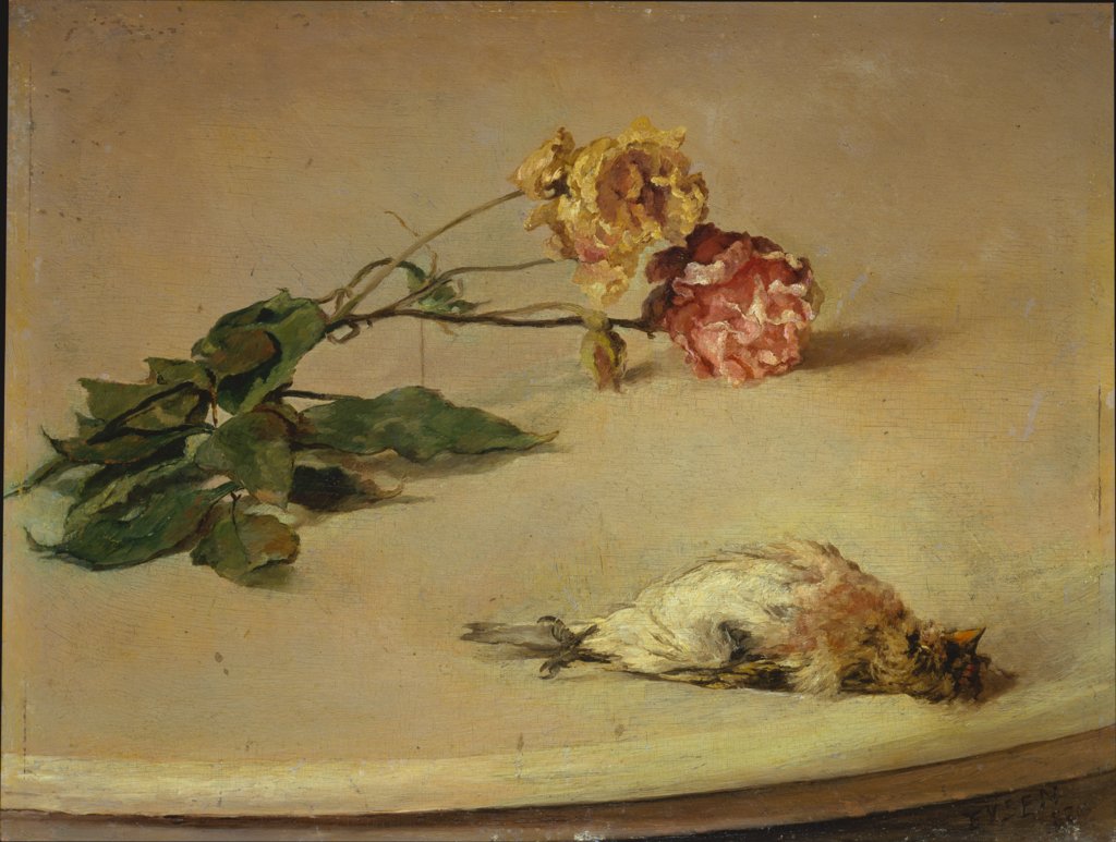 Toter Vogel und zwei Rosen auf einer Tischplatte, Louis Eysen