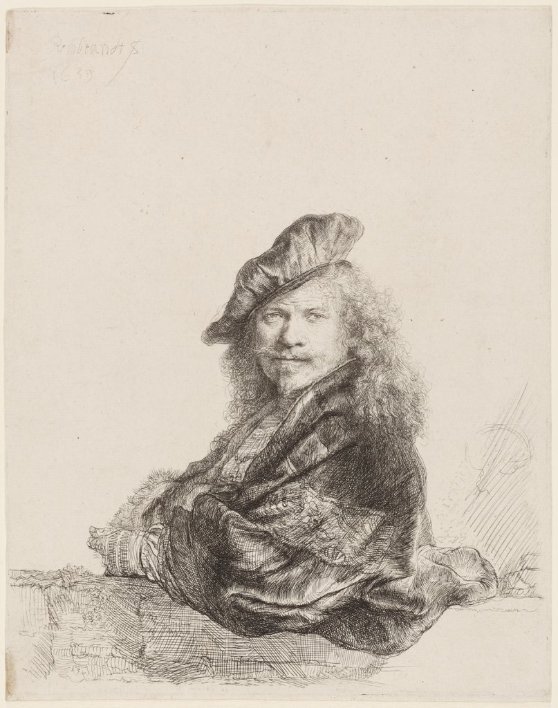 Selbstbildnis an einer Steinmauer lehnend, Rembrandt Harmensz. van Rijn