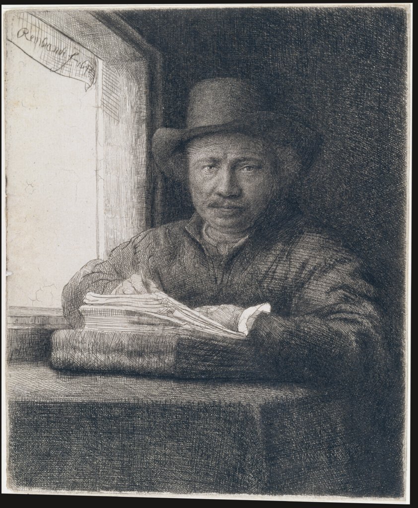 Self-Portrait etching at a window, Rembrandt Harmensz. van Rijn