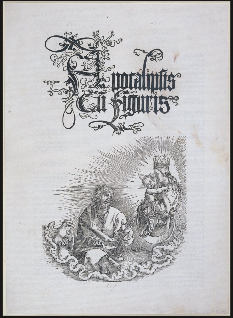 Apocalipsis cum figuris, Titelblatt der  Apokalypse, Latein-Ausgabe 1511, mit dem Holzschnitt "Die Jungfrau erscheint Johannes", Albrecht Dürer