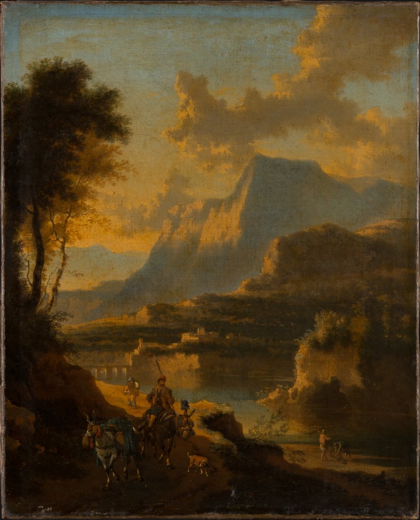 Gebirgige Landschaft mit Reiter in Abendbeleuchtung, Jan Hackaert, Johannes Lingelbach