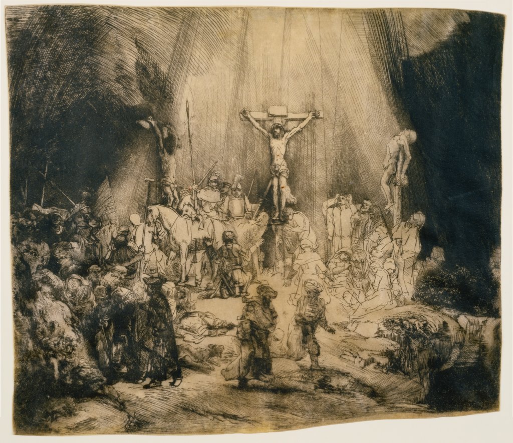 Christ crucified between the two thieves: 'The three crosses', Rembrandt Harmensz. van Rijn