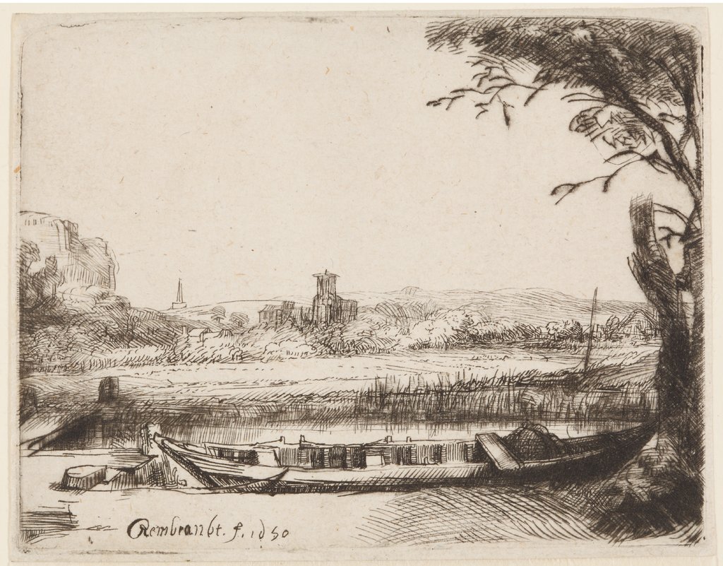 Canal with a large boat and a Bridge, Rembrandt Harmensz. van Rijn, after Rembrandt Harmensz. van Rijn