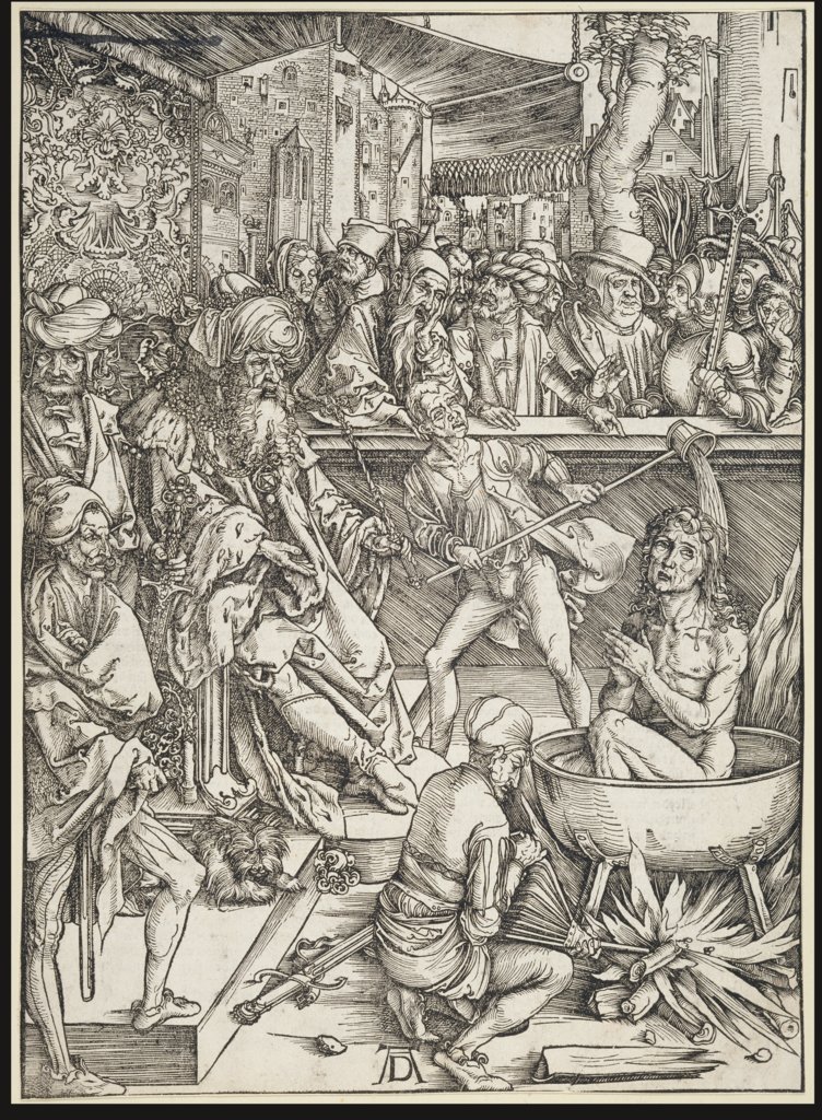 Die Marter des Evangelisten Johannes, aus der Folge der Apokalypse, Urausgabe Deutsch 1498, Albrecht Dürer