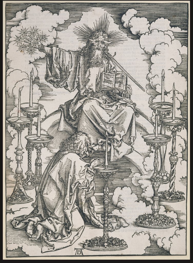 Johannes erblickt die sieben Leuchter, aus der Folge der Apokalypse, Latein-Ausgabe 1511, Albrecht Dürer