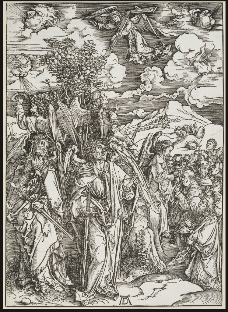 Vier Engel, die Winde aufhaltend / Die Versiegelung der Auserwählten, aus der Folge der Apokalypse, Latein-Ausgabe 1511, Albrecht Dürer