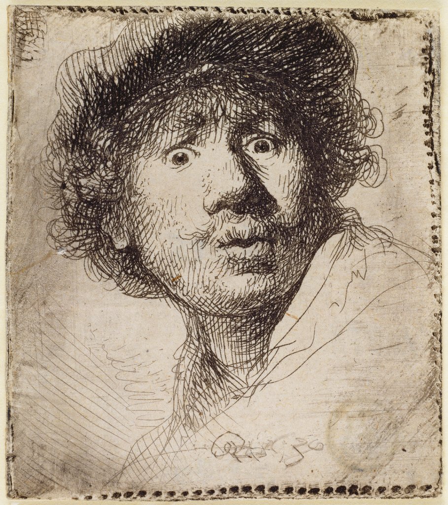 Selbstbildnis mit Mütze, aufgerissenen Augen und geöffneten Mund, Rembrandt Harmensz. van Rijn