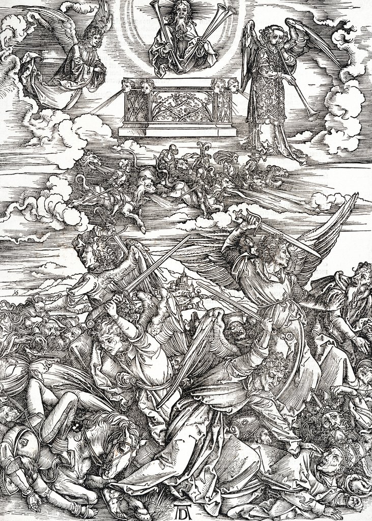 Der Engelkampf, aus der Folge der Apokalypse, Latein-Ausgabe 1511, Albrecht Dürer