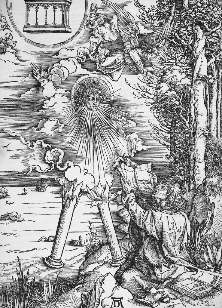 Johannes, das Buch verschlingend / Der "Starke Engel", aus der Folge der Apokalypse, Latein-Ausgabe 1511, Albrecht Dürer