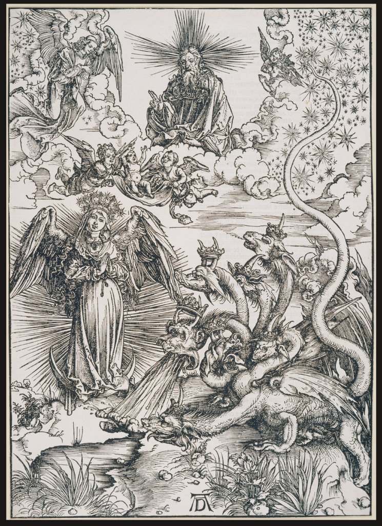 Das Sonnenweib und der siebenköpfige Drache, aus der Folge der Apokalypse, Latein-Ausgabe 1511, Albrecht Dürer