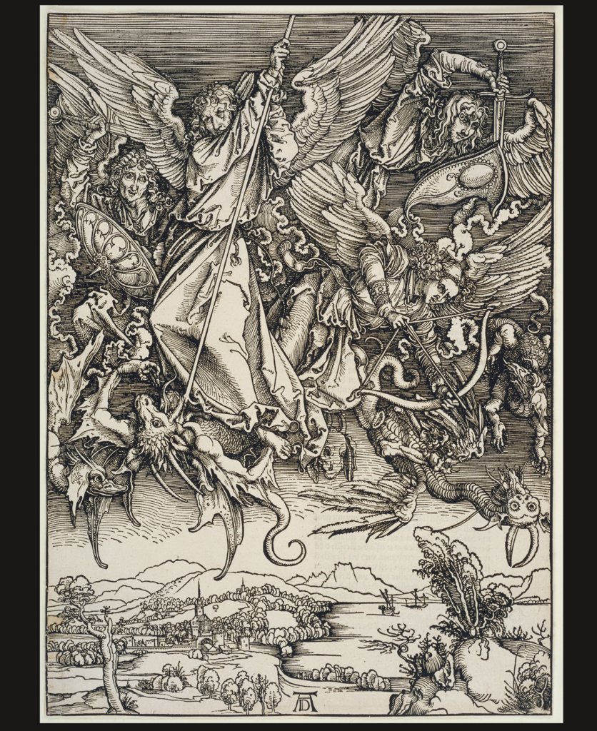Michaels Kampf mit dem Drachen, aus der Folge der Apokalypse, Urausgabe Deutsch 1498, Albrecht Dürer