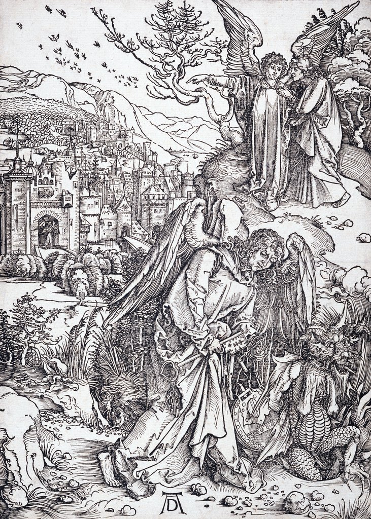 Der Engel mit dem Schlüssel zum Abgrund, aus der Folge der Apokalypse, Latein-Ausgabe b 1511, Albrecht Dürer