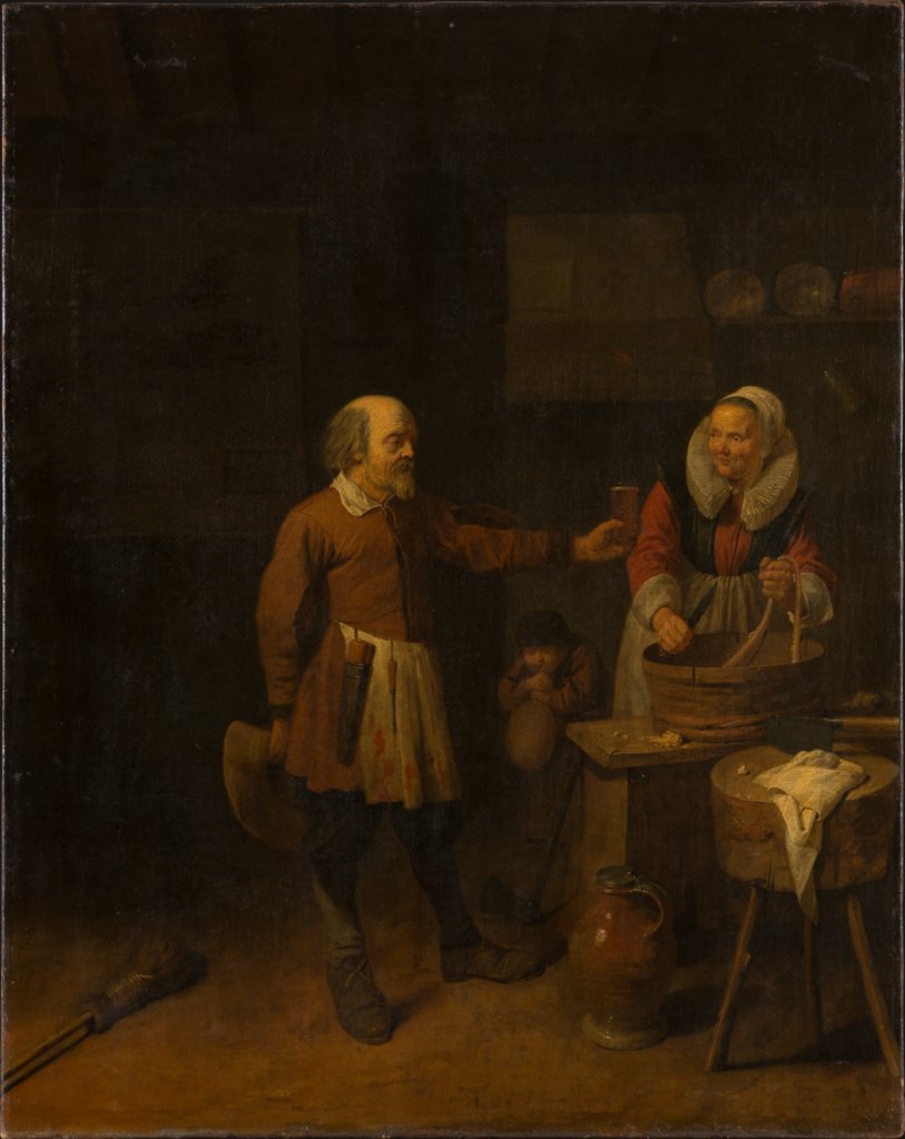 Ein Schlachter bietet einer Frau ein Glas Bier an, David Ryckaert III