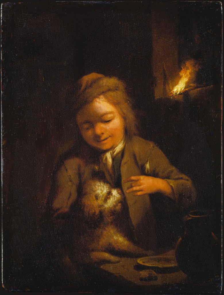 Ein Knabe neckt einen Hund bei Kienspanlicht, Johann Conrad Seekatz