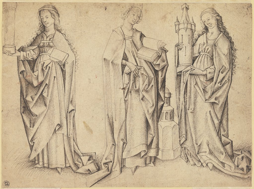 Drei Entwürfe zu einer stehenden Heiligen Barbara, Meister E. S.;  Umkreis