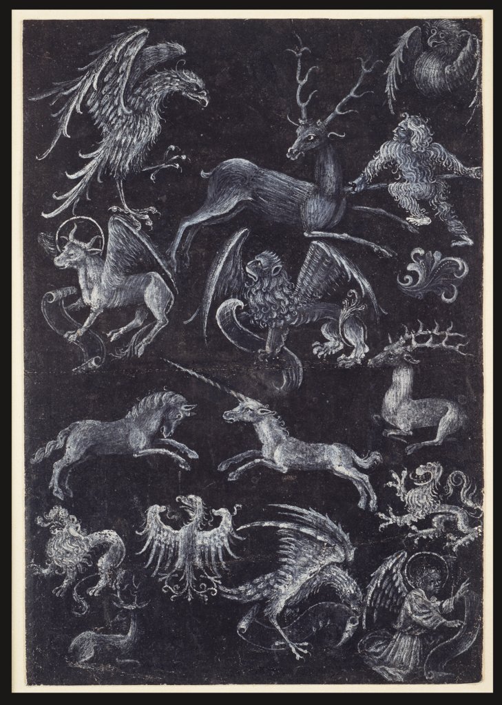 Musterblatt mit Evangelistensymbolen, verschiedenen Tieren und Wildem Mann, Oberrheinisch, 15. Jahrhundert