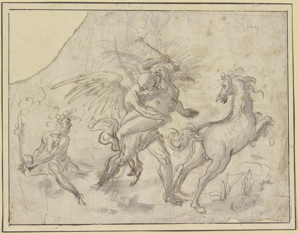 Die Zeit raubt den Ruhm: Der geflügelte Chronos hält eine Frauengestalt, rechts ein davonsprengendes Pferd, links eine Figur mit einer Fackel und einem Herzen (?) in der Hand, Christoph Jamnitzer