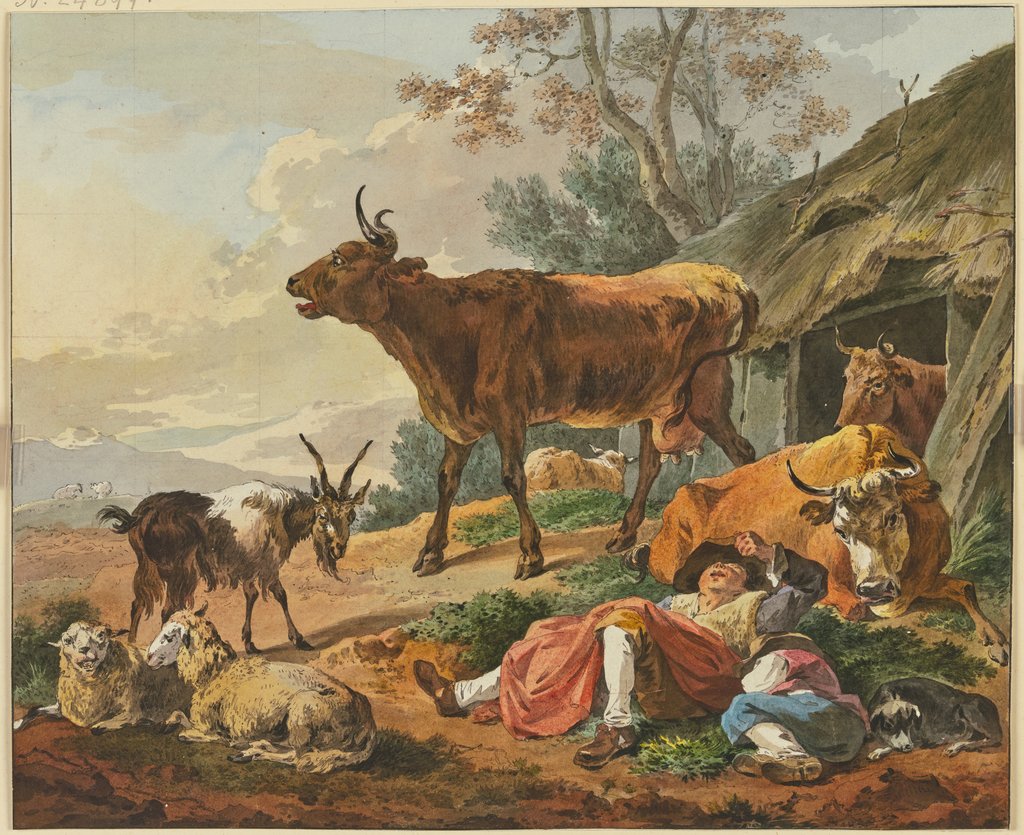 Rechts ein Stall, aus welchem zwei Kühe kommen, davor zwei schlafende Hirten mit ihrem Hund und einer Ziege, Marquard Wocher, after Nicolaes Berchem