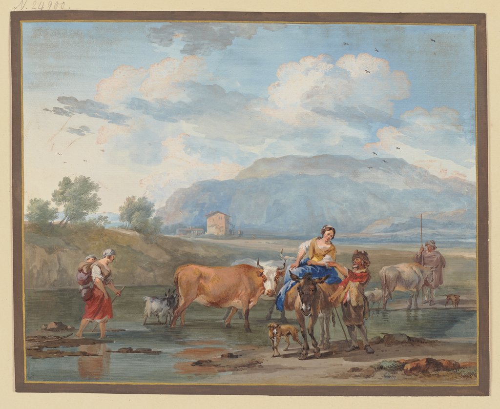 Hirten treiben Kühe durch ein Wasser, links trägt eine Frau ihr Kind auf dem Rücken, rechs reitet eine andere auf einem Esel, Aert Schouman, nach Nicolaes Berchem