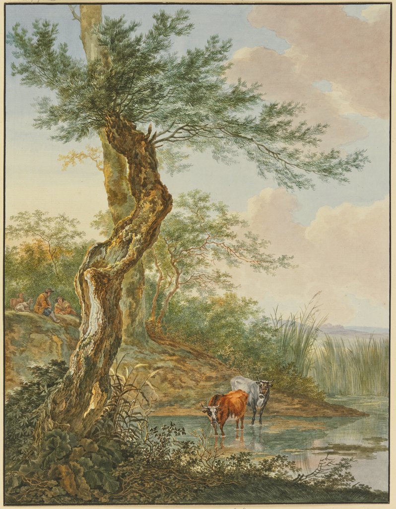 Landschaft mit Wasser, daran ein alter Weidenbaum, im Wasser zwei Kühe, Jacob Perkois, after Jan Both