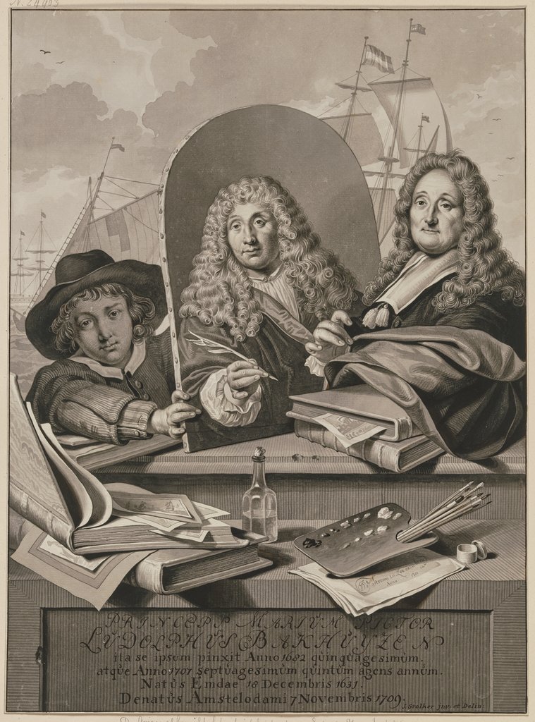 Princeps Marium Pictor Ludolphus Bakhuisen ita seipsum pinxit, Jan Stolker, after Ludolf Backhuysen