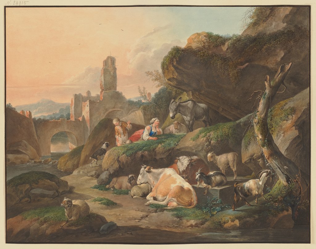 Hirten auf Felsen, eine Hirtin liegt vor einem Esel, vorn Kühe, Schafe und Ziegen, im Hintergrund Ruinen mit einer Brücke, Johann Friedrich Morgenstern, after Johann Heinrich Roos