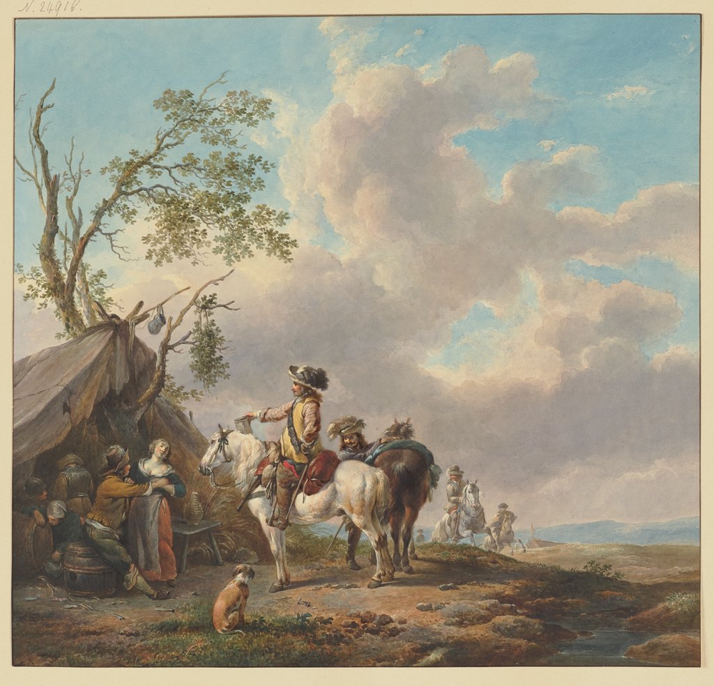 Reiter halten vor einem Marketenderzelt, einer hat einen Krug in der Hand, ein Soldat liebkost die Marketenderin, Unbekannt, 18. Jahrhundert, nach Philips Wouwerman