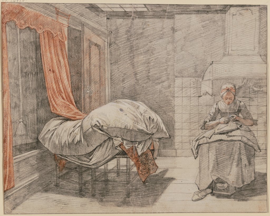 In einem Zimmer rechts eine Näherin, links ein zum Durchlüften aufgelegtes Bett, Jan Gerard Waldorp, nach Pieter de Hooch
