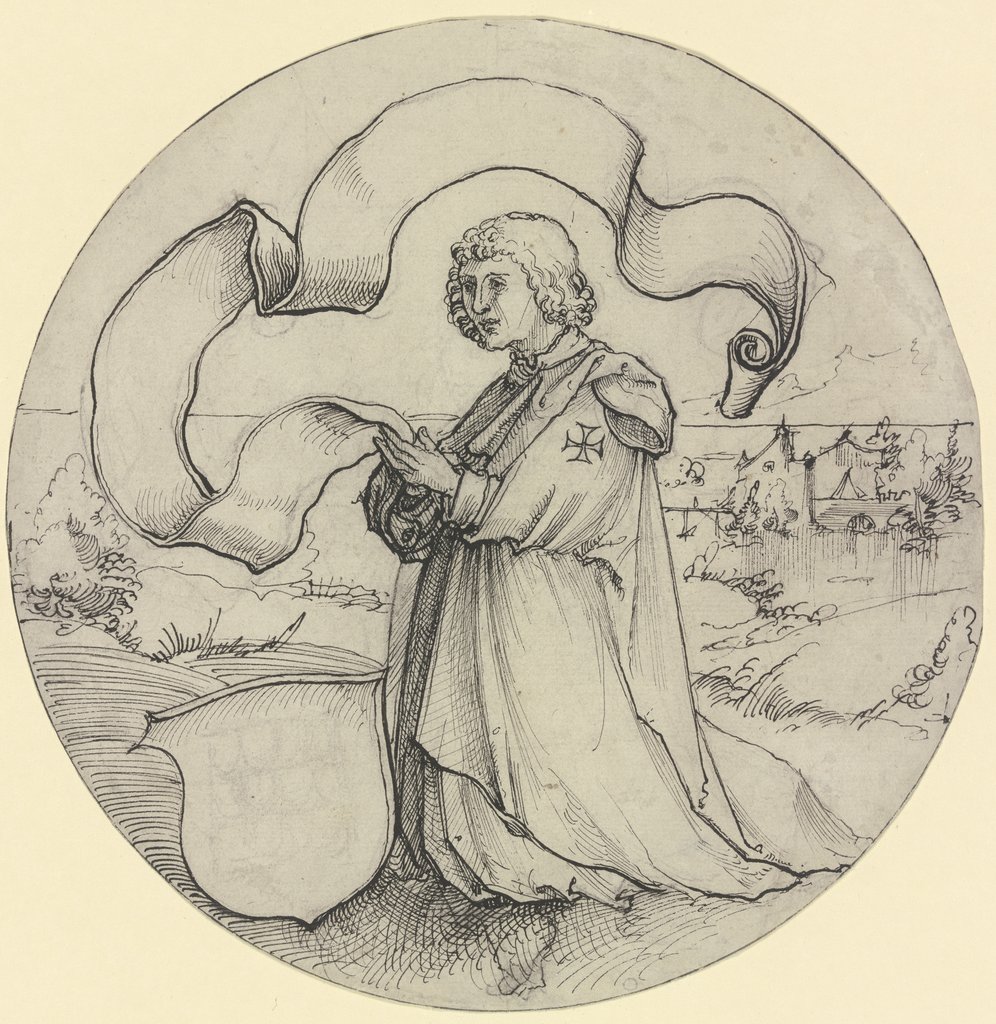 Kniender Johanniter in einer Landschaft mit Spruchband und Wappenschild, Hans Leu the Younger;   attributed