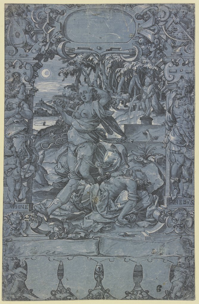 Thisbe an der Leiche des Pyramus, in der Rahmung links Daphne mit dem Amorknaben, rechts Apollo, vom Pfeile Amors getroffen, oben und unten Putten, Christoph Murer