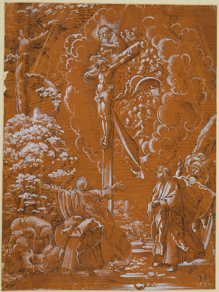 Der gekreuzigte Christus, Gottvater und der Heilige Geist in einer Landschaft mit Assistenzfiguren, Hans Mielich