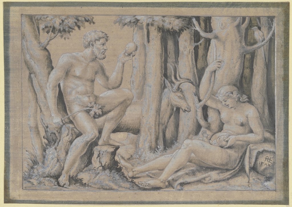 Adam und Eva mit ihrem Erstgeborenen im Wald mit einem Hirsch, Monogrammist RvE
