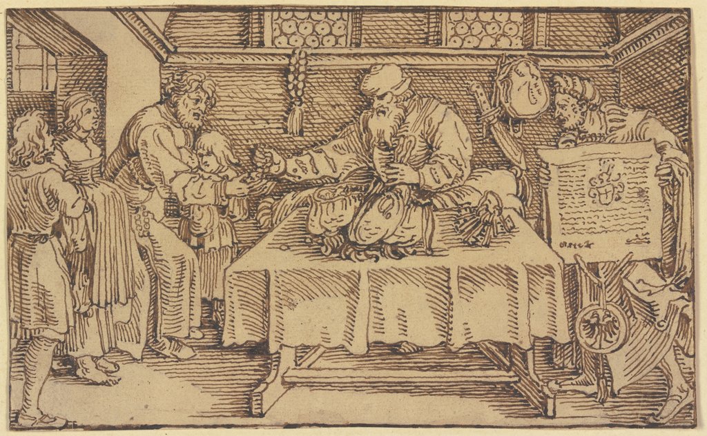 Ein armer Vater mit drei Kindern erhält Geld, rechts ein Mann mit einem kaiserlich gesiegelten Dekret, Deutsch, 16. Jahrhundert, nach Hans Weiditz