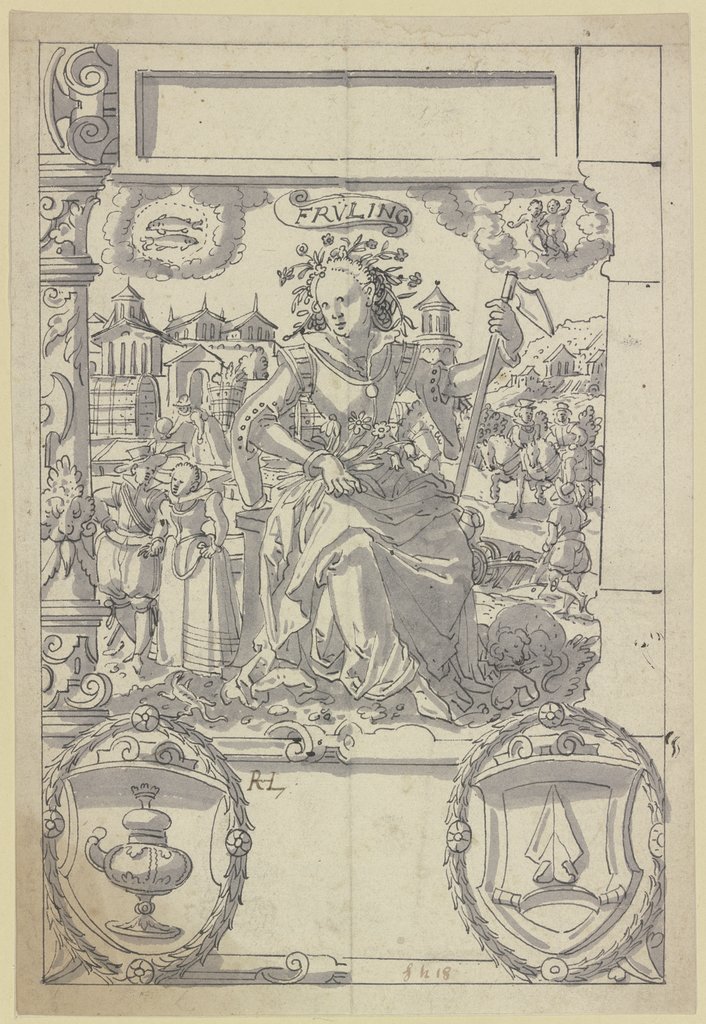 Sitzende Frauengestalt (Frühling), oben im Rund die Sternbilder der Fische und Zwillinge, unten links das Wappen der Knecht von Bern, rechts das Wappen der Vogt von Bern, Schweizerisch, 17. Jahrhundert