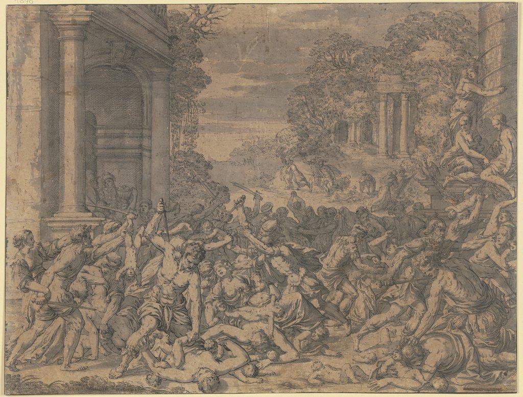 Der Bethlehemitische Kindermord vor einer Landschaft mit antiken Gebäuden, Johann Rottenhammer