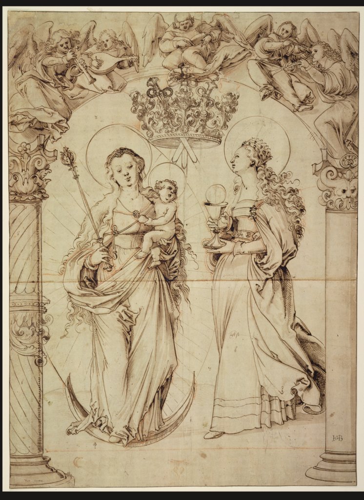 Scheibenriß mit der Madonna auf der Mondsichel und der Heiligen Barbara, Hans Baldung Grien, Deutsch, 16. Jahrhundert