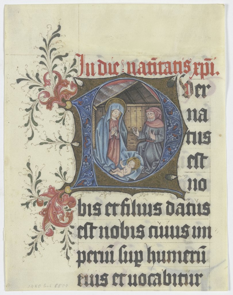 Initial P: Birth of Christ (text fragment on verso), German, 15th century