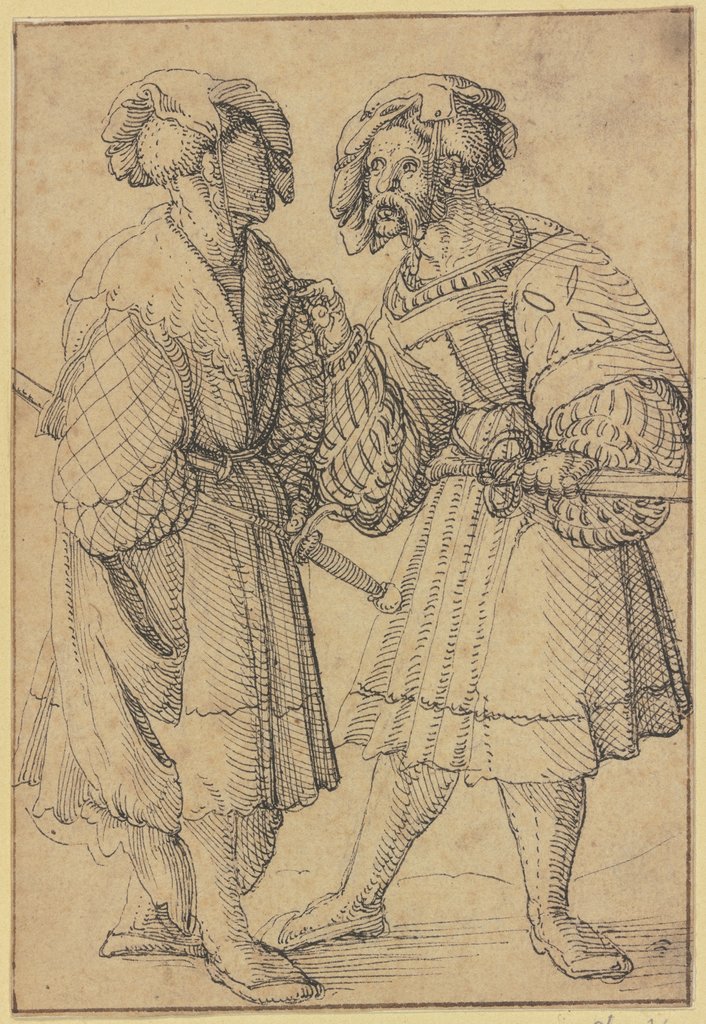 Zwei Männer mit Degen im Gespräch, Schweizerisch, 16. Jahrhundert